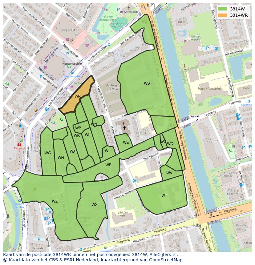 Afbeelding van het postcodegebied 3814 WR op de kaart.