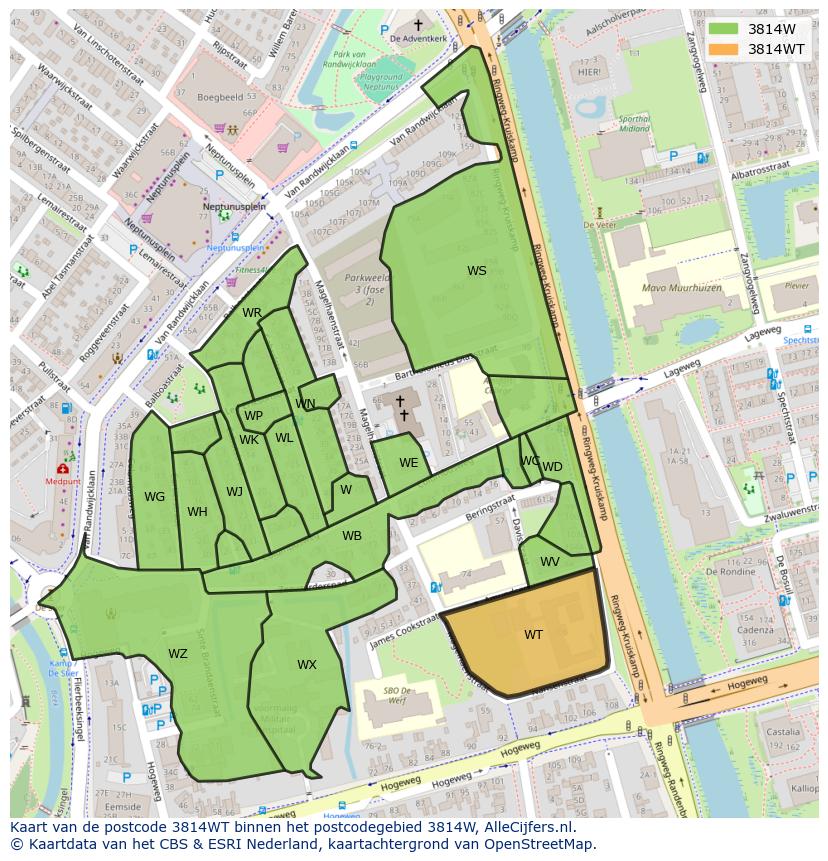 Afbeelding van het postcodegebied 3814 WT op de kaart.