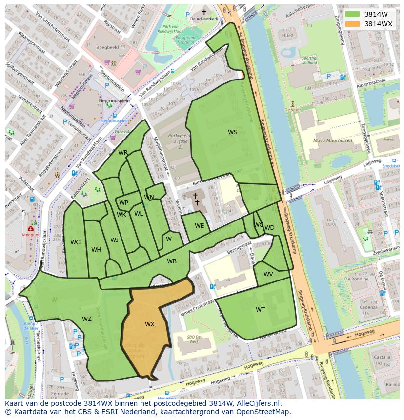 Afbeelding van het postcodegebied 3814 WX op de kaart.