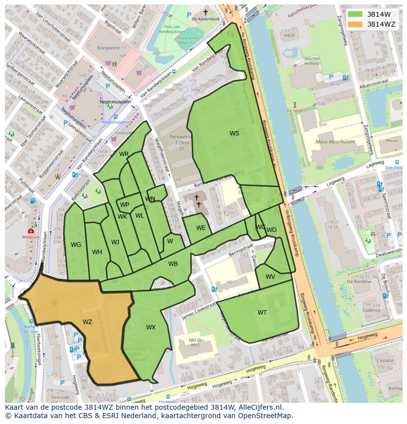 Afbeelding van het postcodegebied 3814 WZ op de kaart.