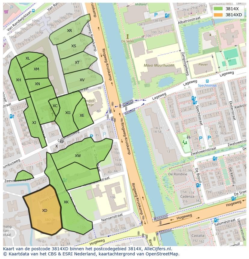 Afbeelding van het postcodegebied 3814 XD op de kaart.