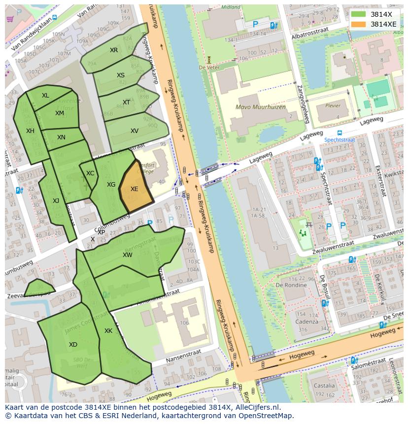 Afbeelding van het postcodegebied 3814 XE op de kaart.
