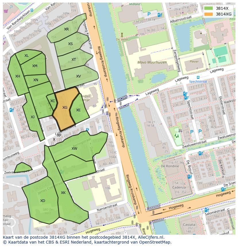 Afbeelding van het postcodegebied 3814 XG op de kaart.