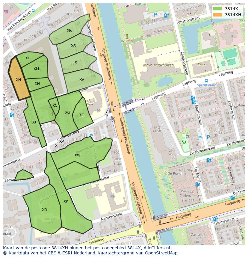 Afbeelding van het postcodegebied 3814 XH op de kaart.