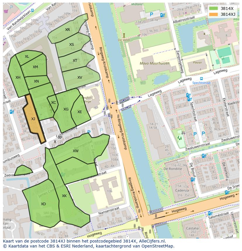 Afbeelding van het postcodegebied 3814 XJ op de kaart.