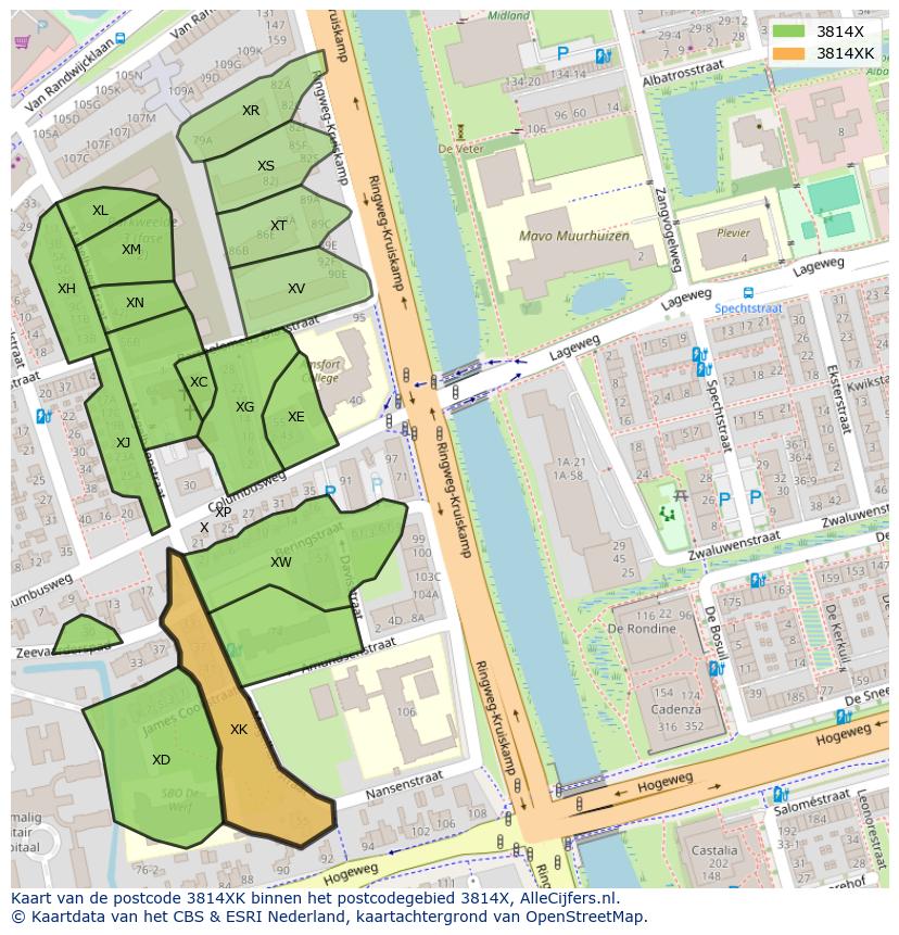 Afbeelding van het postcodegebied 3814 XK op de kaart.