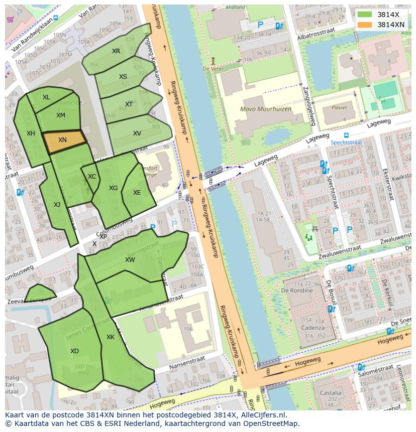 Afbeelding van het postcodegebied 3814 XN op de kaart.