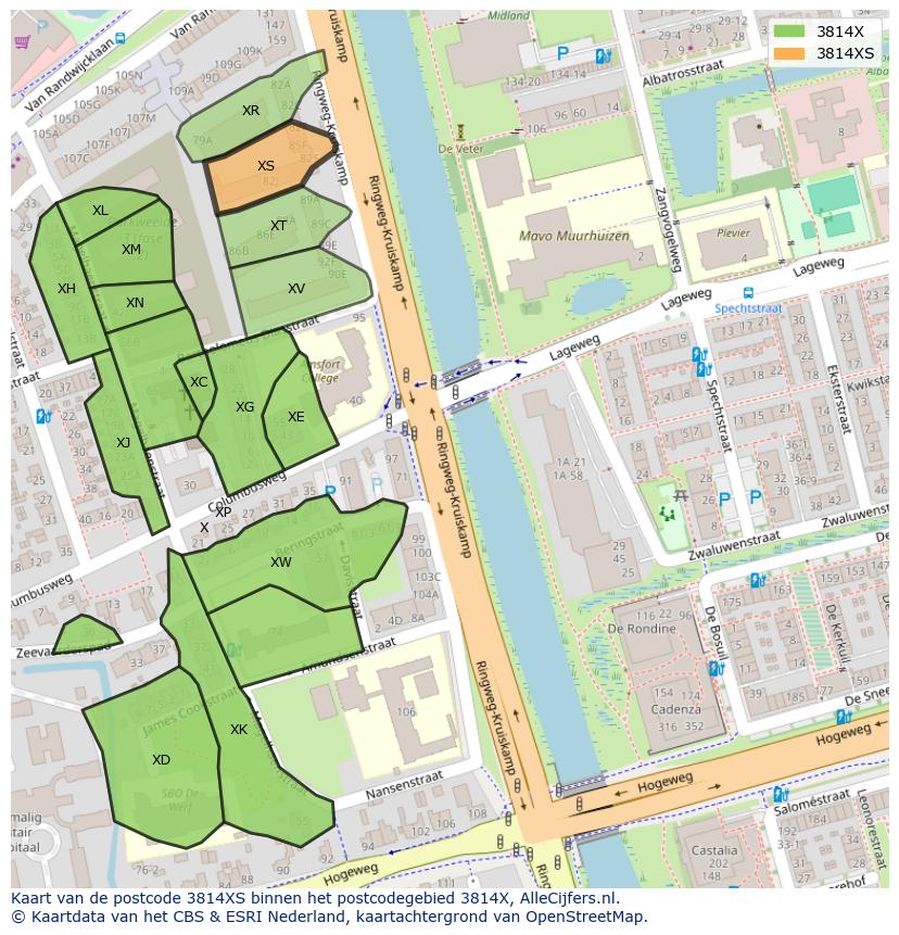 Afbeelding van het postcodegebied 3814 XS op de kaart.