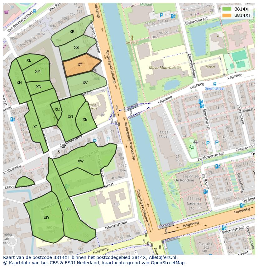 Afbeelding van het postcodegebied 3814 XT op de kaart.