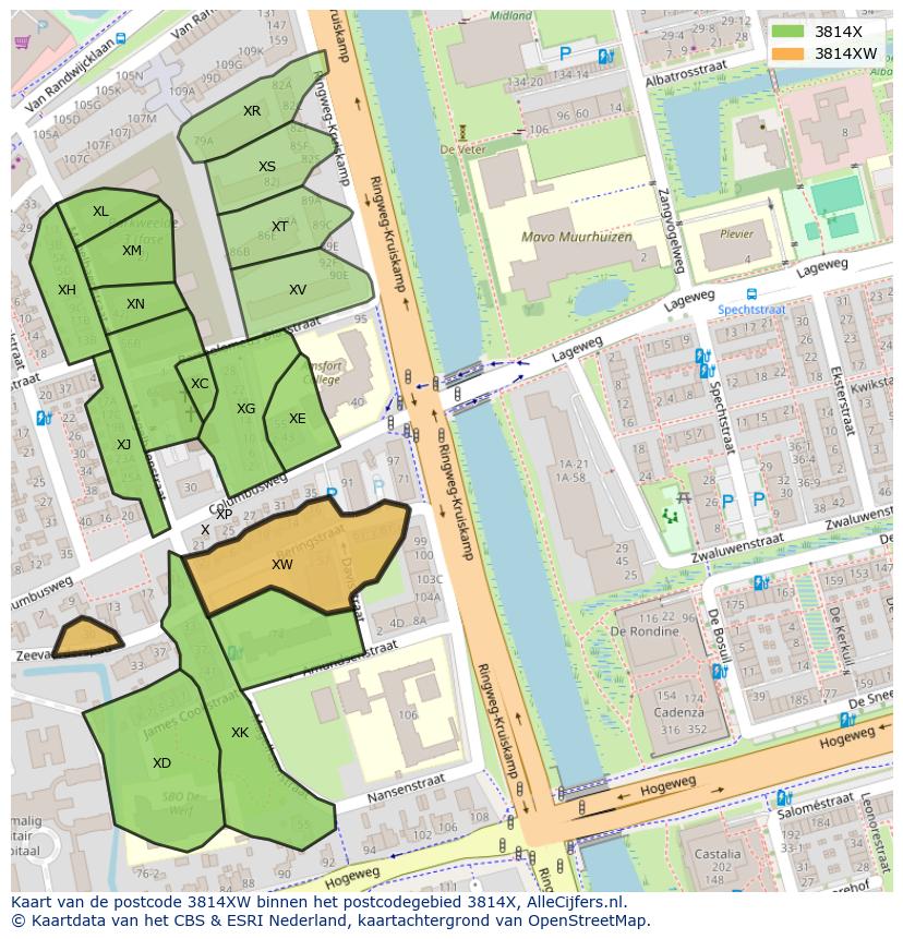 Afbeelding van het postcodegebied 3814 XW op de kaart.