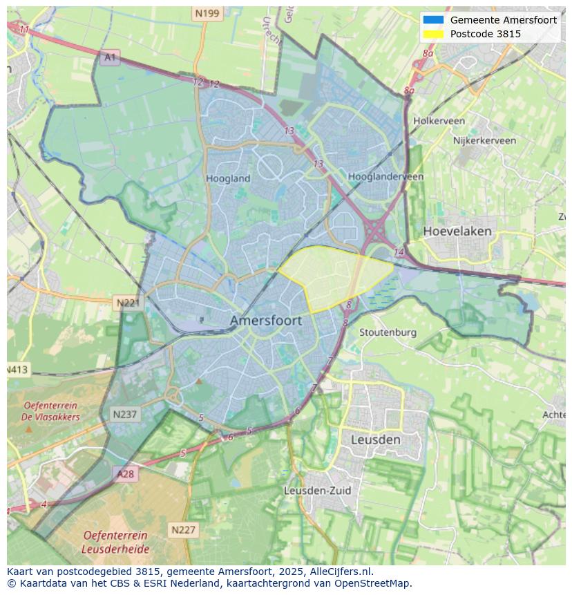 Afbeelding van het postcodegebied 3815 op de kaart.