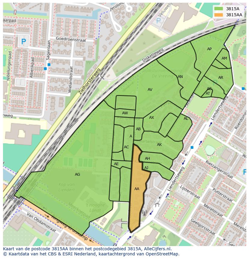 Afbeelding van het postcodegebied 3815 AA op de kaart.