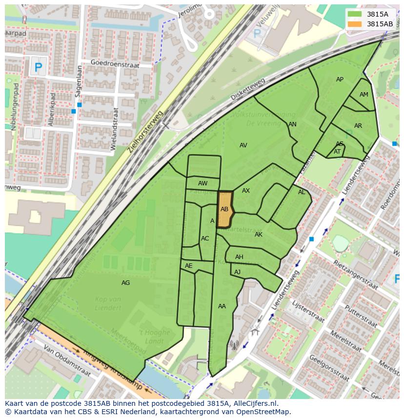Afbeelding van het postcodegebied 3815 AB op de kaart.