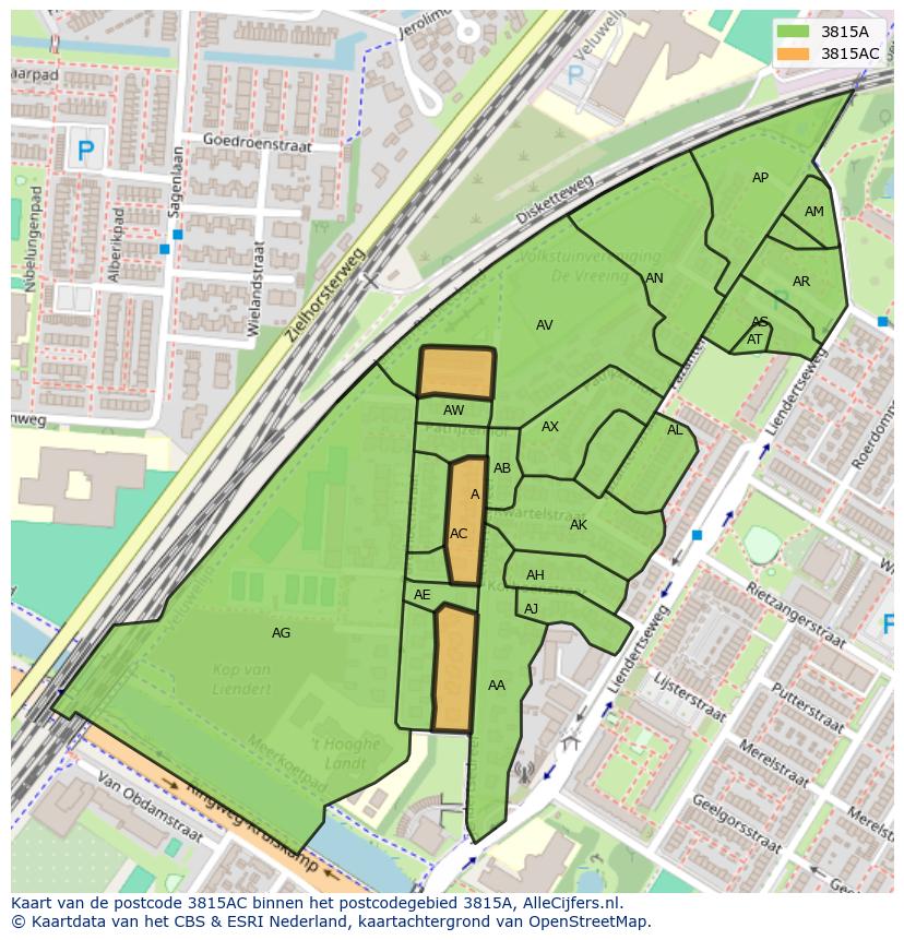 Afbeelding van het postcodegebied 3815 AC op de kaart.