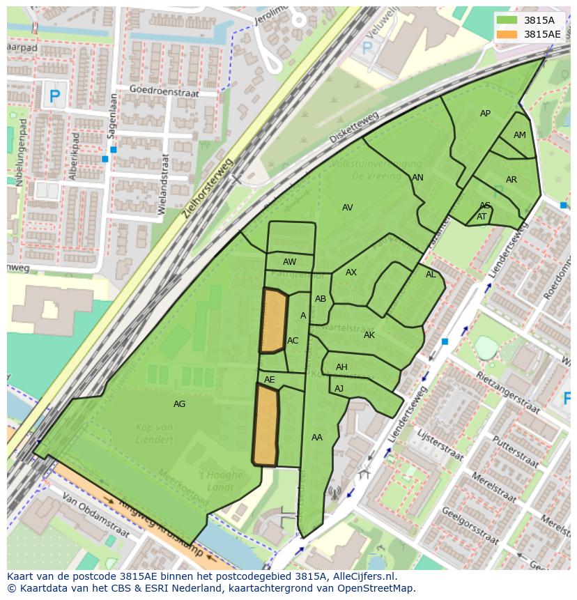 Afbeelding van het postcodegebied 3815 AE op de kaart.