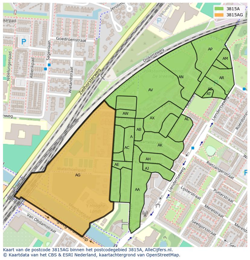 Afbeelding van het postcodegebied 3815 AG op de kaart.