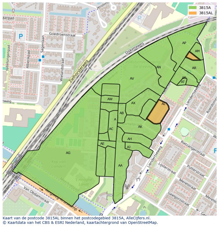 Afbeelding van het postcodegebied 3815 AL op de kaart.