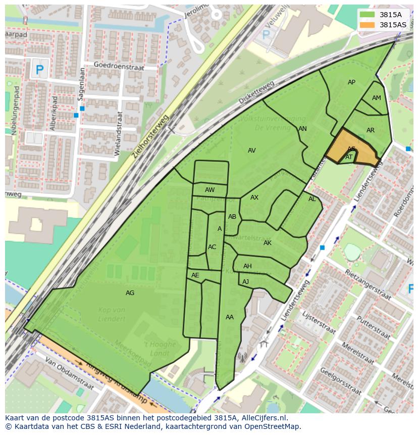 Afbeelding van het postcodegebied 3815 AS op de kaart.