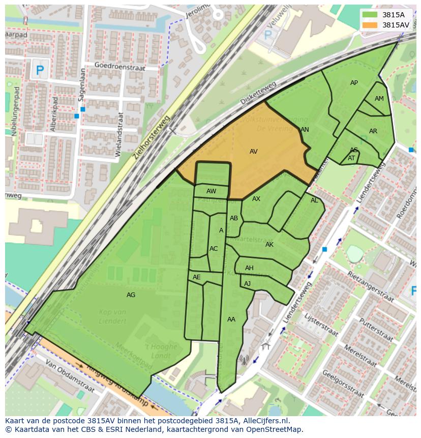 Afbeelding van het postcodegebied 3815 AV op de kaart.