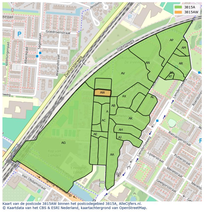Afbeelding van het postcodegebied 3815 AW op de kaart.