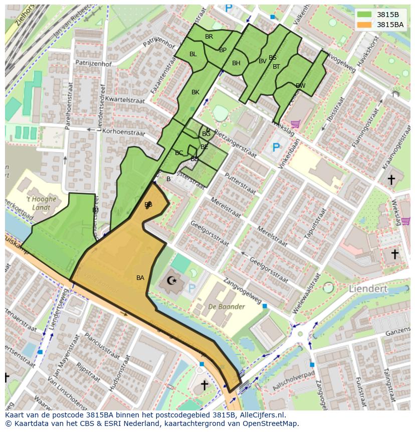 Afbeelding van het postcodegebied 3815 BA op de kaart.
