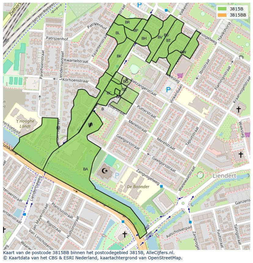 Afbeelding van het postcodegebied 3815 BB op de kaart.