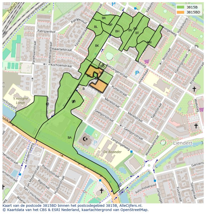 Afbeelding van het postcodegebied 3815 BD op de kaart.