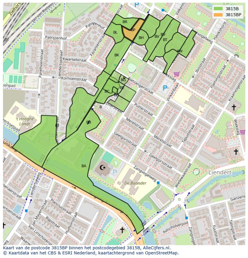 Afbeelding van het postcodegebied 3815 BP op de kaart.