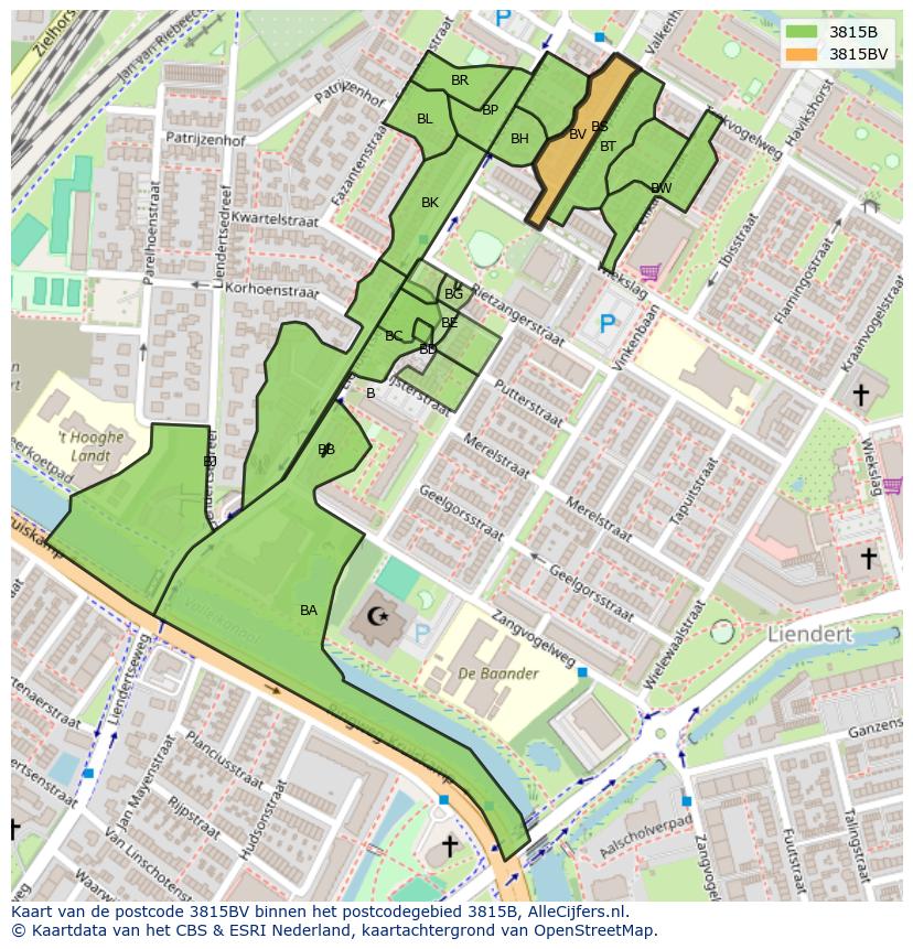 Afbeelding van het postcodegebied 3815 BV op de kaart.