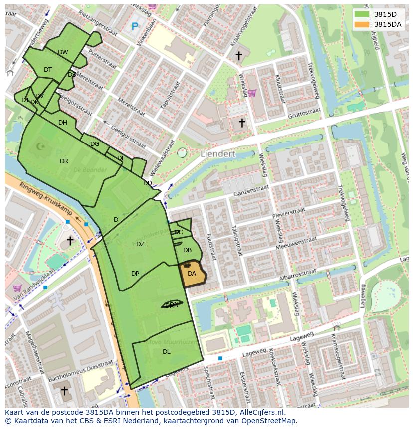 Afbeelding van het postcodegebied 3815 DA op de kaart.