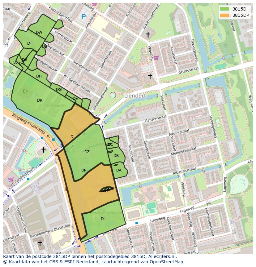 Afbeelding van het postcodegebied 3815 DP op de kaart.