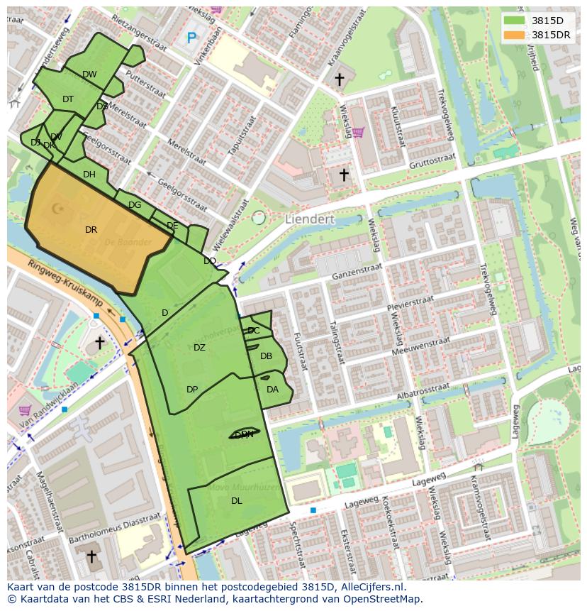 Afbeelding van het postcodegebied 3815 DR op de kaart.
