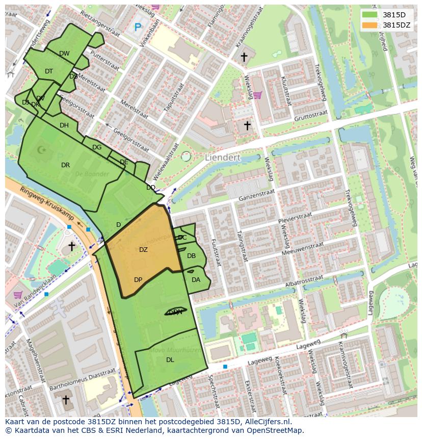 Afbeelding van het postcodegebied 3815 DZ op de kaart.