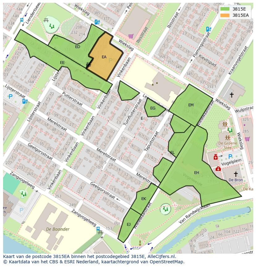 Afbeelding van het postcodegebied 3815 EA op de kaart.