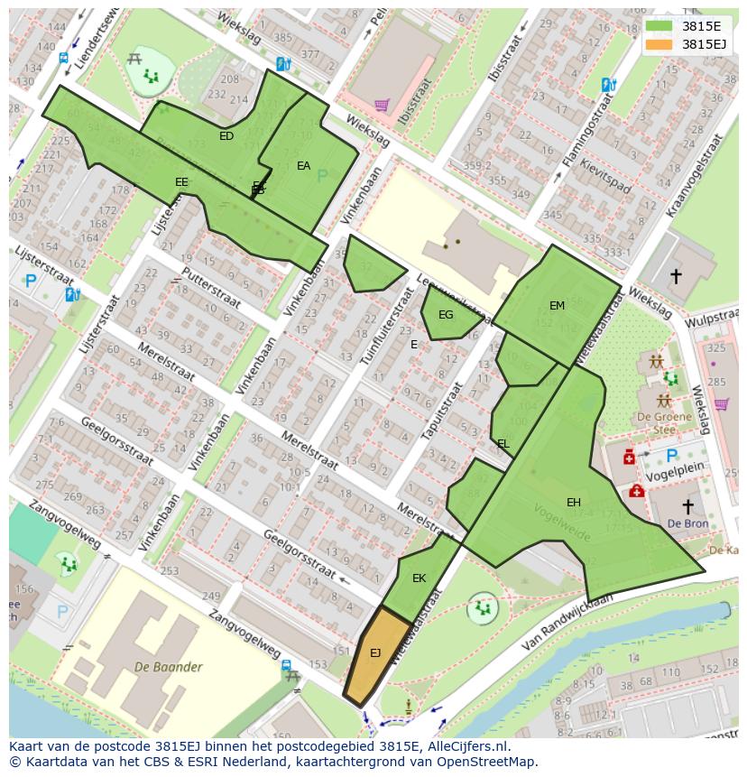 Afbeelding van het postcodegebied 3815 EJ op de kaart.