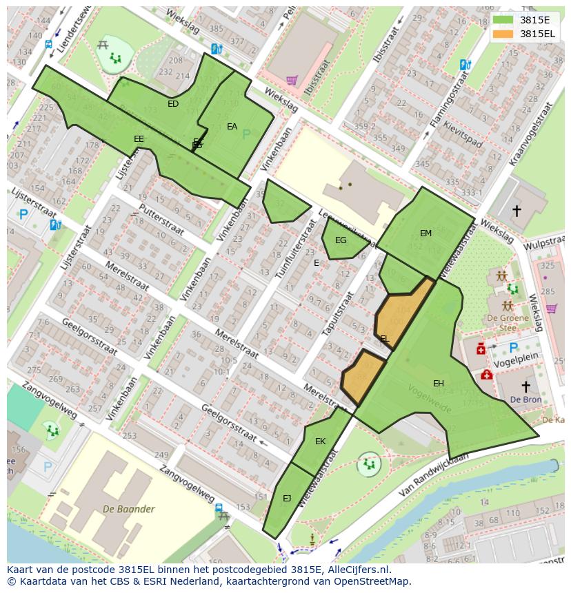 Afbeelding van het postcodegebied 3815 EL op de kaart.