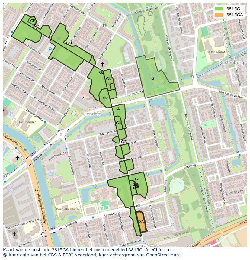 Afbeelding van het postcodegebied 3815 GA op de kaart.
