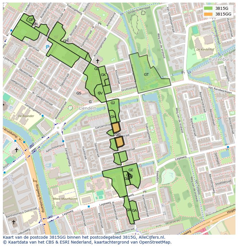 Afbeelding van het postcodegebied 3815 GG op de kaart.