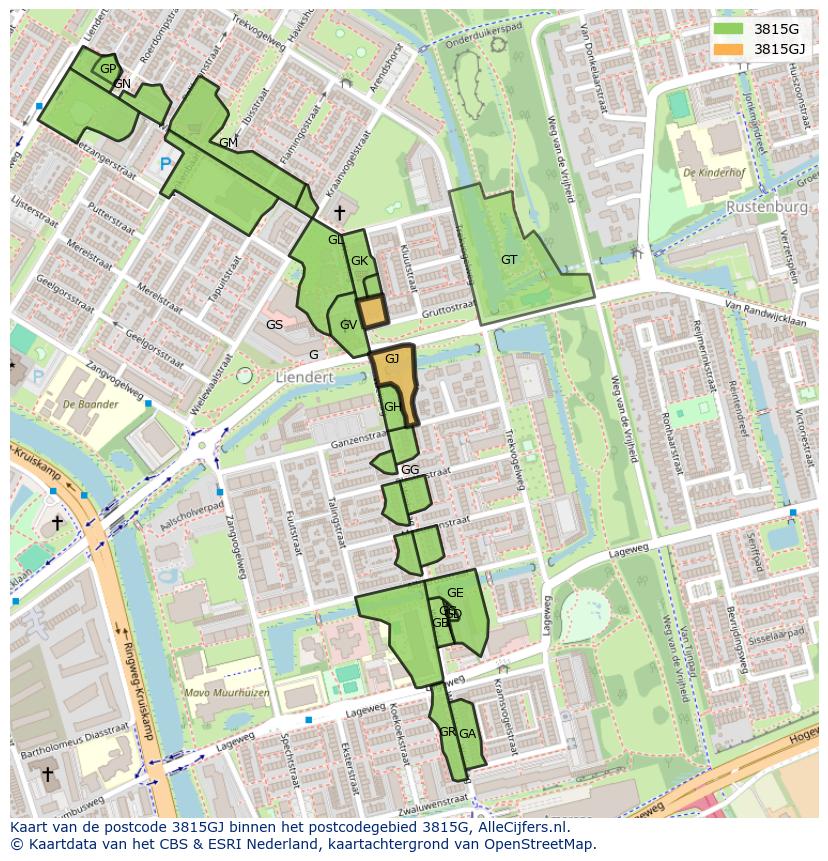 Afbeelding van het postcodegebied 3815 GJ op de kaart.