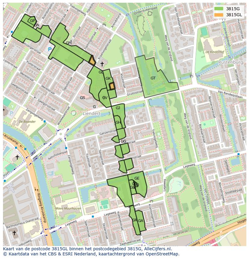 Afbeelding van het postcodegebied 3815 GL op de kaart.