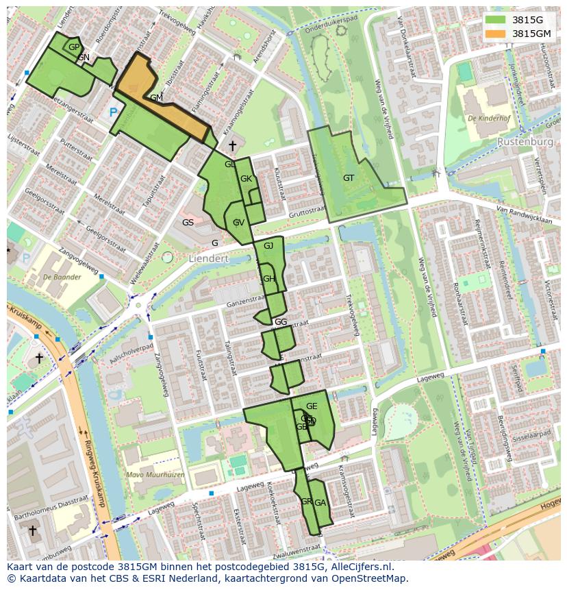 Afbeelding van het postcodegebied 3815 GM op de kaart.