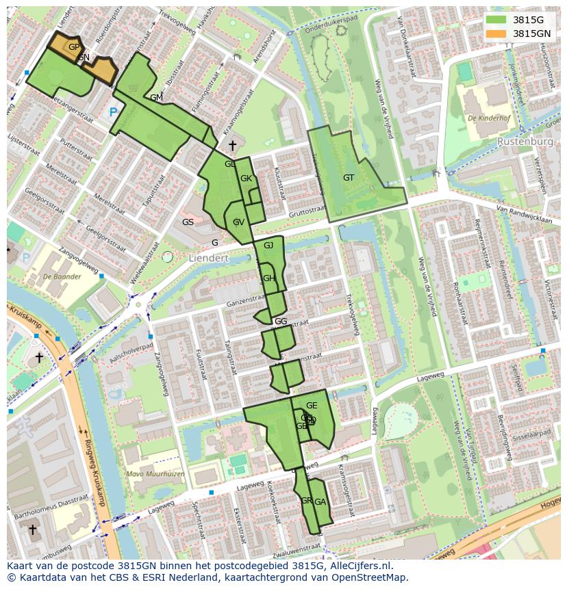 Afbeelding van het postcodegebied 3815 GN op de kaart.