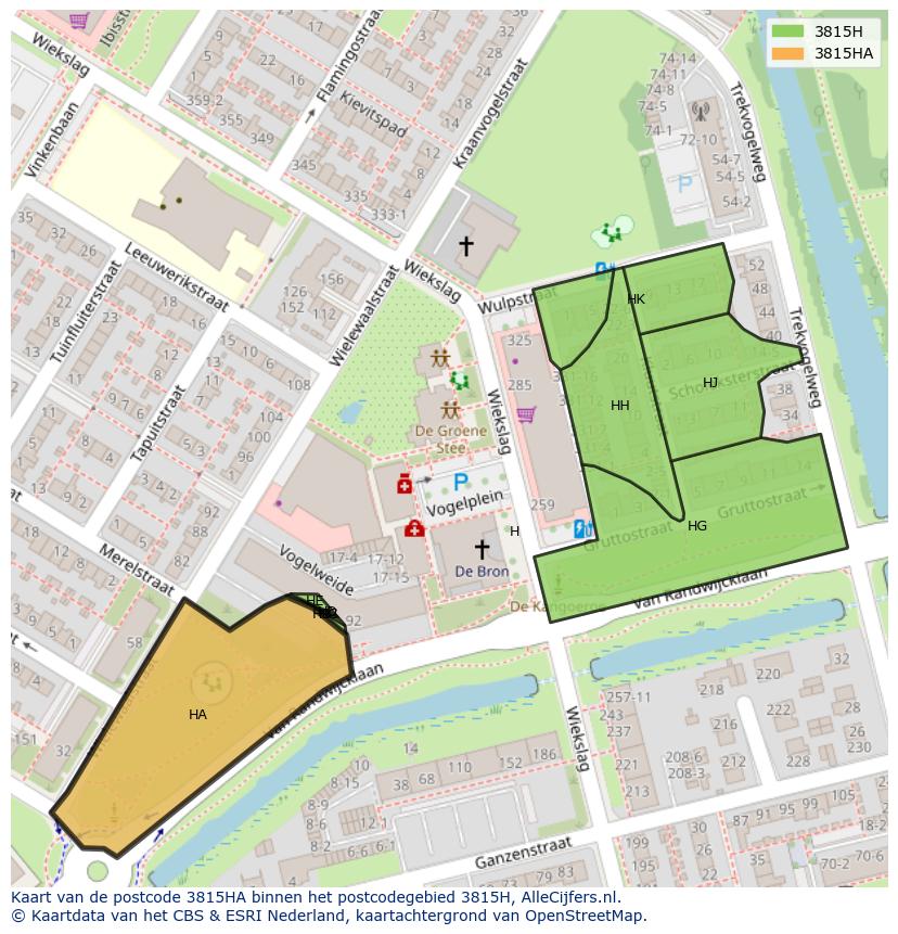 Afbeelding van het postcodegebied 3815 HA op de kaart.