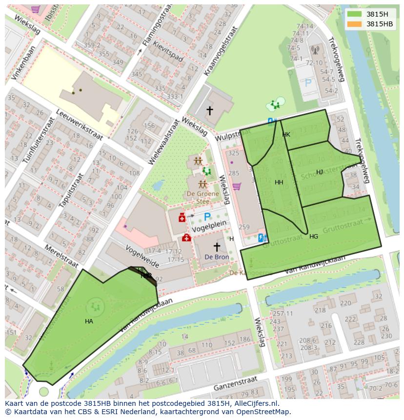Afbeelding van het postcodegebied 3815 HB op de kaart.