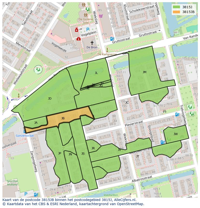 Afbeelding van het postcodegebied 3815 JB op de kaart.