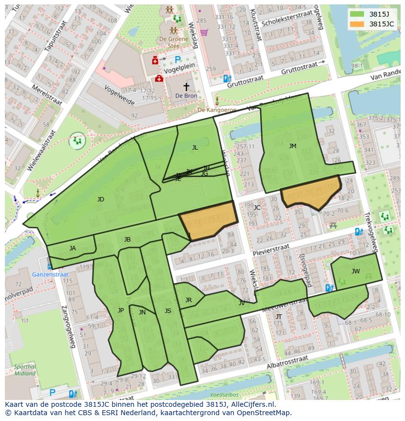 Afbeelding van het postcodegebied 3815 JC op de kaart.