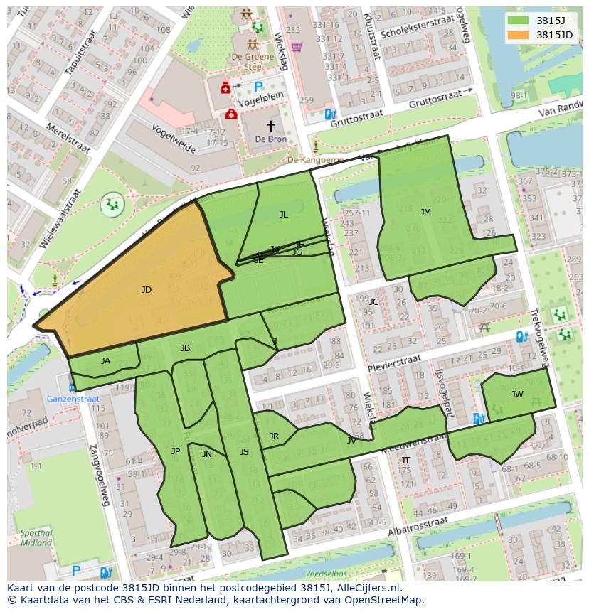 Afbeelding van het postcodegebied 3815 JD op de kaart.