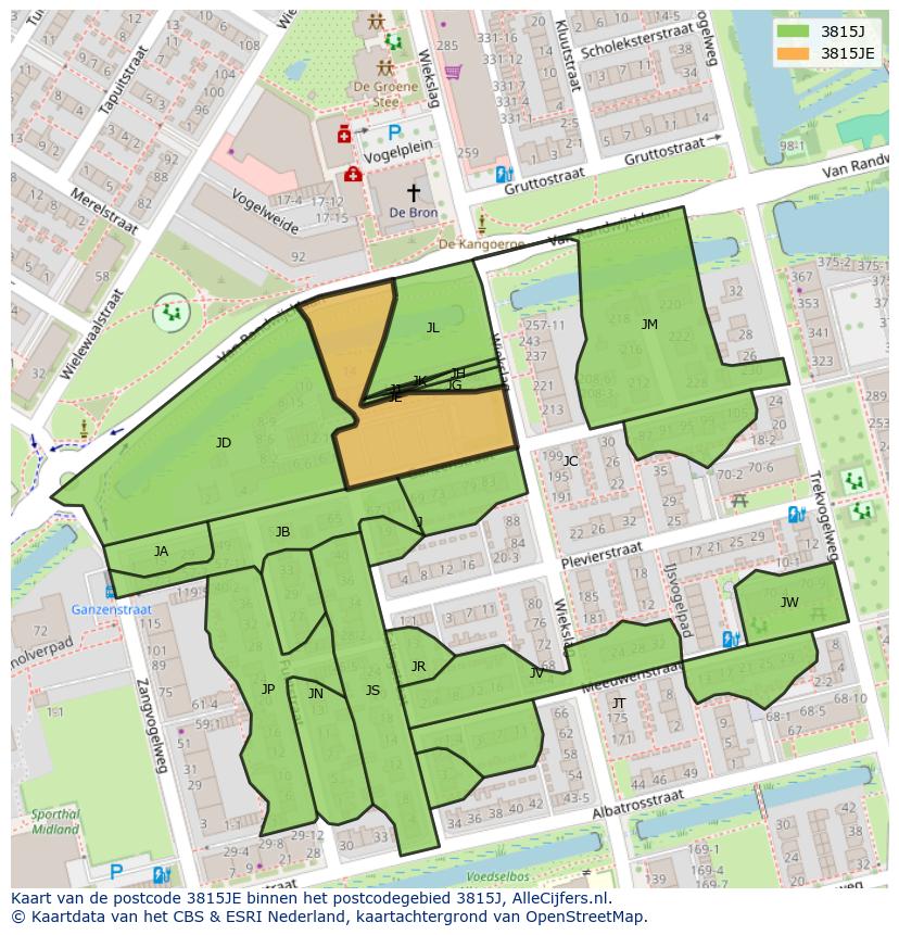 Afbeelding van het postcodegebied 3815 JE op de kaart.