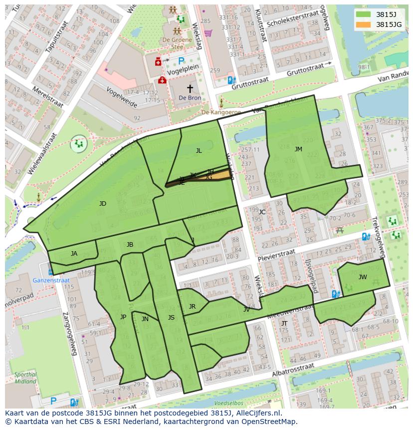 Afbeelding van het postcodegebied 3815 JG op de kaart.