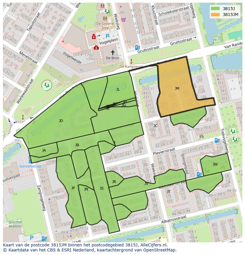 Afbeelding van het postcodegebied 3815 JM op de kaart.